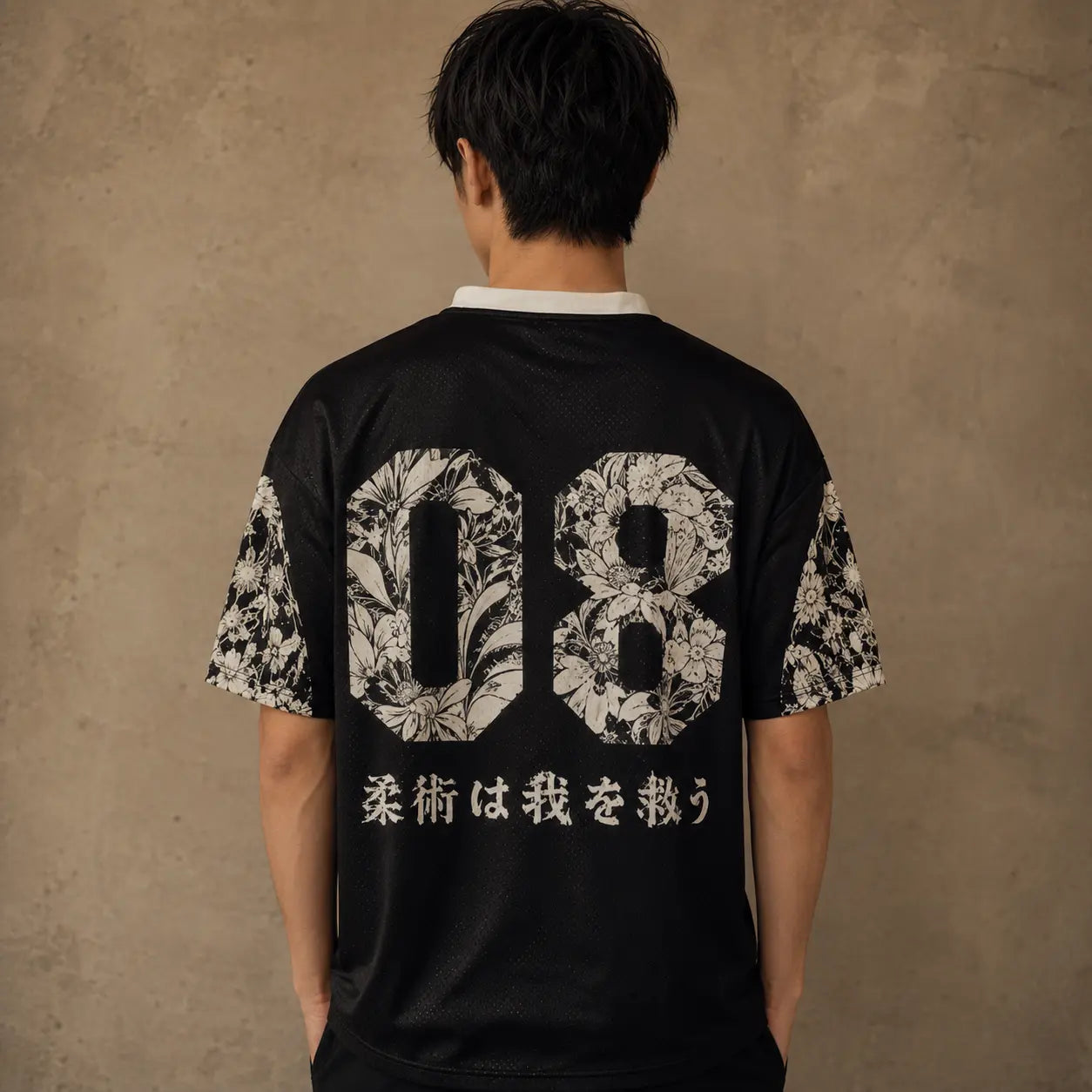 Japanese Cat Football Shirt Black Floral Soccer Jersey Chaosbornwear