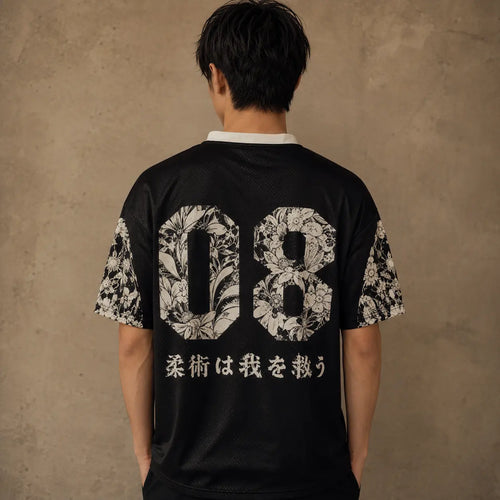 Japanese Cat Football Shirt Black Floral Soccer Jersey Chaosbornwear