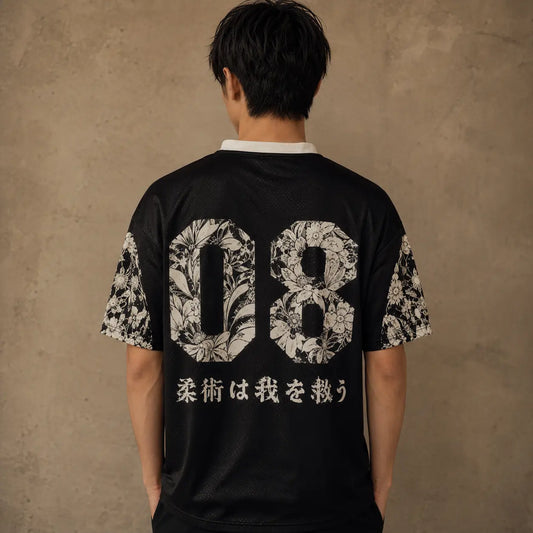 Japanese Cat Football Shirt Black Floral Soccer Jersey Chaosbornwear