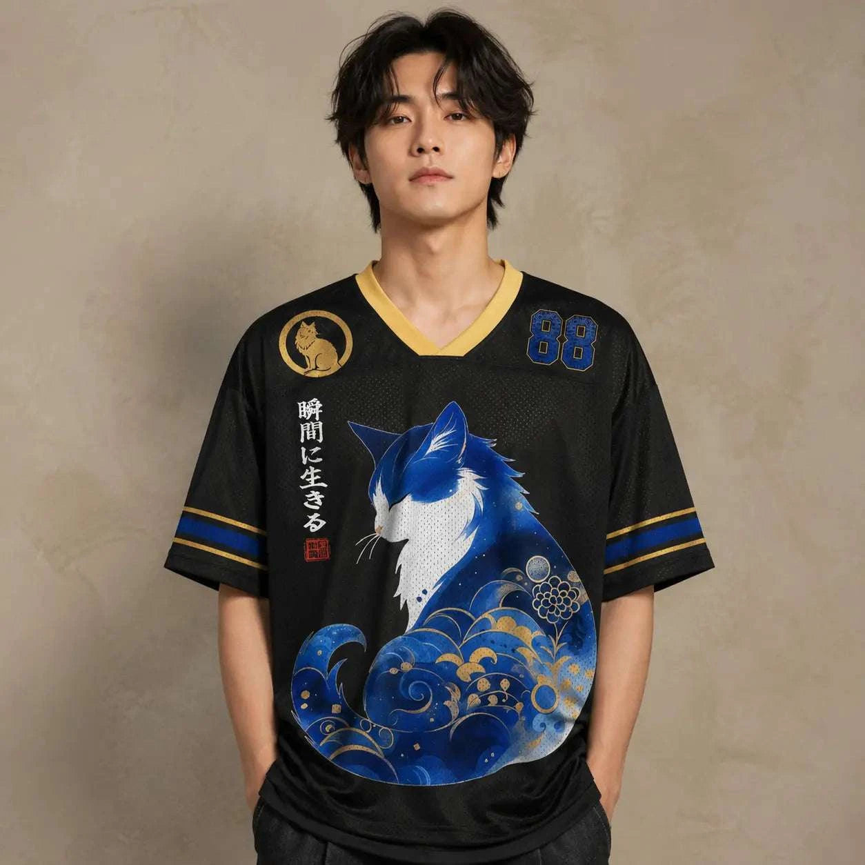 Japanese Cat Football Shirt Black Gold Blue Wave Cat 88 Chaosbornwear