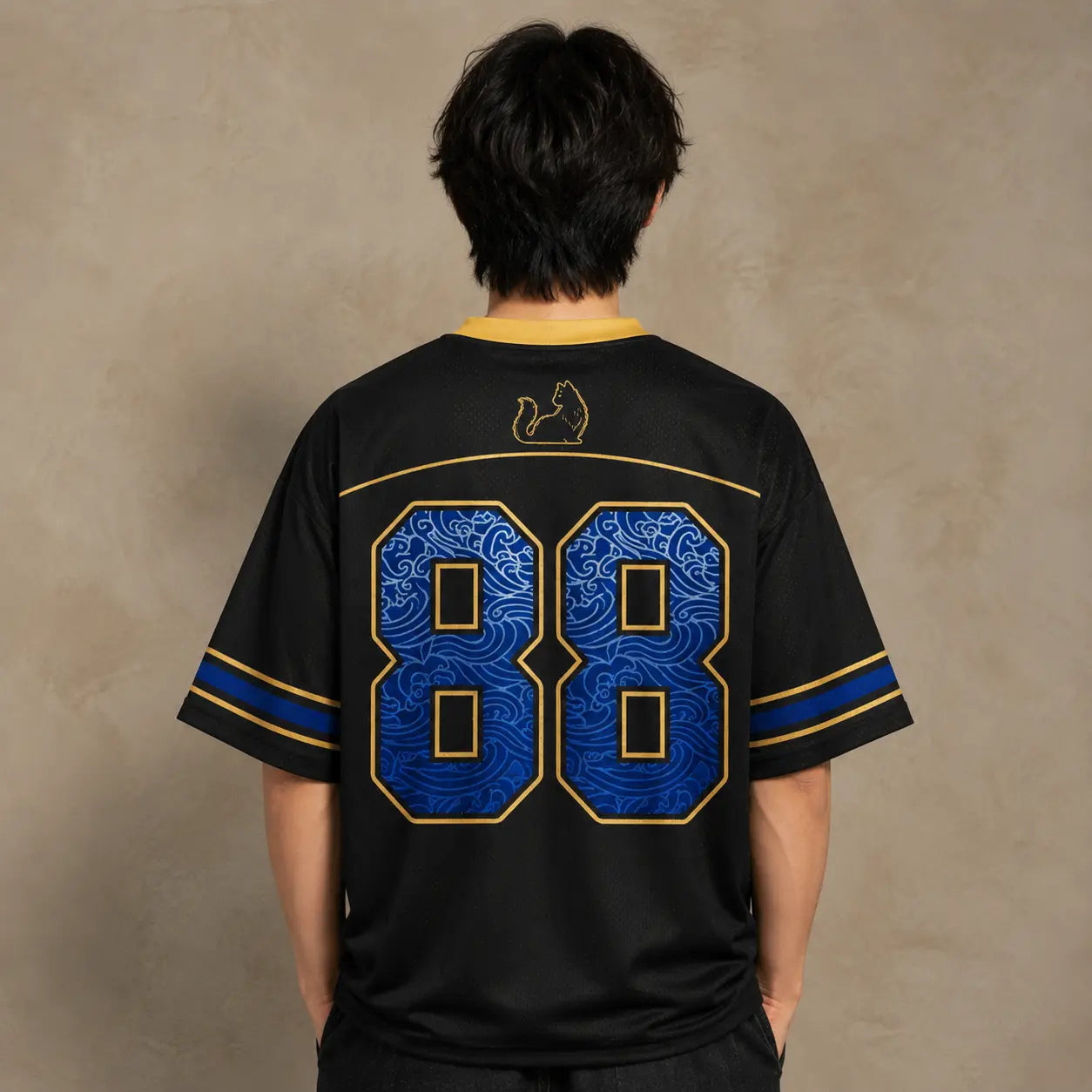Japanese Cat Football Shirt Black Gold Blue Wave Cat 88 Chaosbornwear