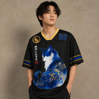 Japanese Cat Football Shirt Black Gold Blue Wave Cat 88 Chaosbornwear