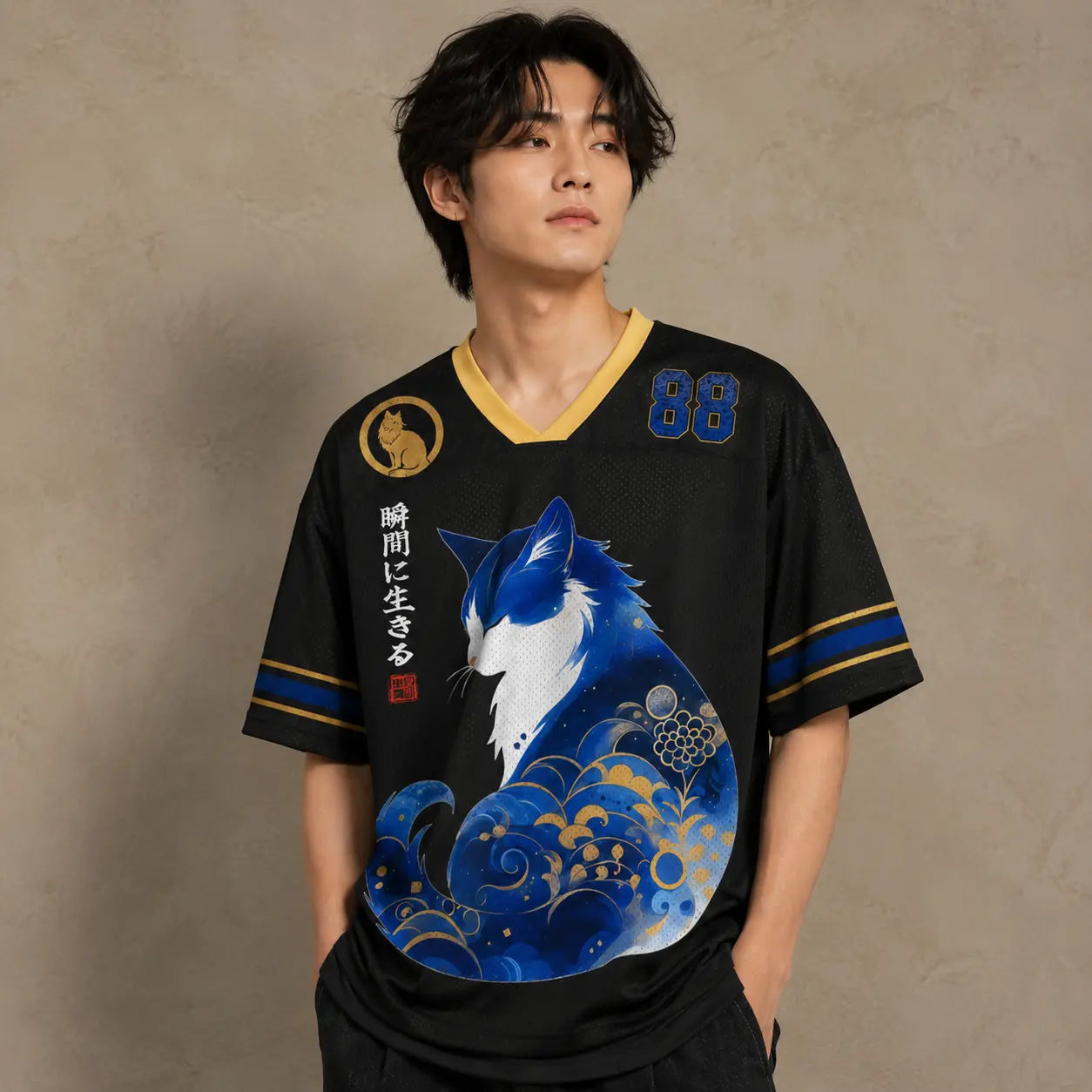 Japanese Cat Football Shirt Black Gold Blue Wave Cat 88 Chaosbornwear