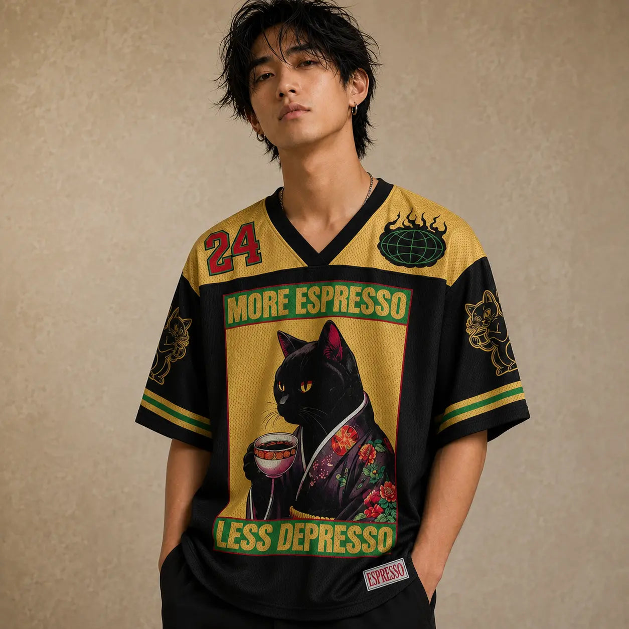 Japanese Cat Football Shirt Black Gold Neko Espresso 24 Chaosbornwear