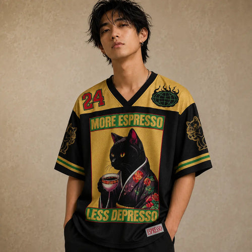 Japanese Cat Football Shirt Black Gold Neko Espresso 24 Chaosbornwear
