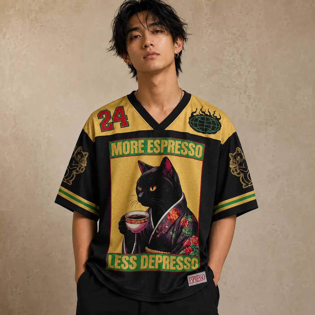 Japanese Cat Football Shirt Black Gold Neko Espresso 24 Chaosbornwear