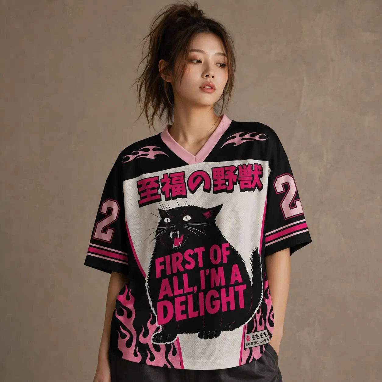 Japanese Cat Football Shirt Black Pink Flame Delight Chaosbornwear