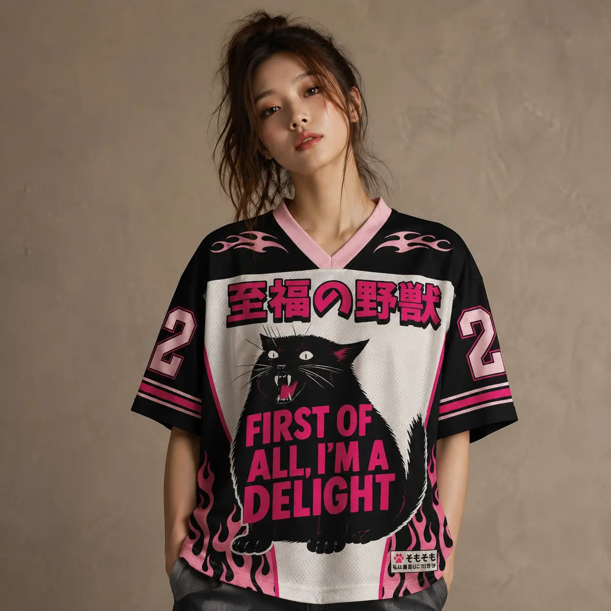 Japanese Cat Football Shirt Black Pink Flame Delight Chaosbornwear