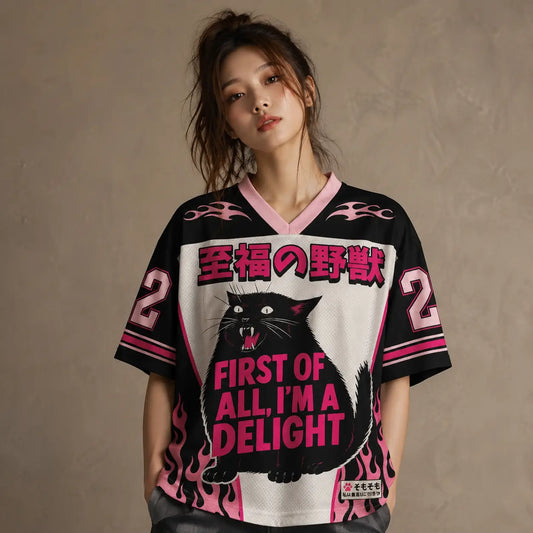Japanese Cat Football Shirt Black Pink Flame Delight Chaosbornwear
