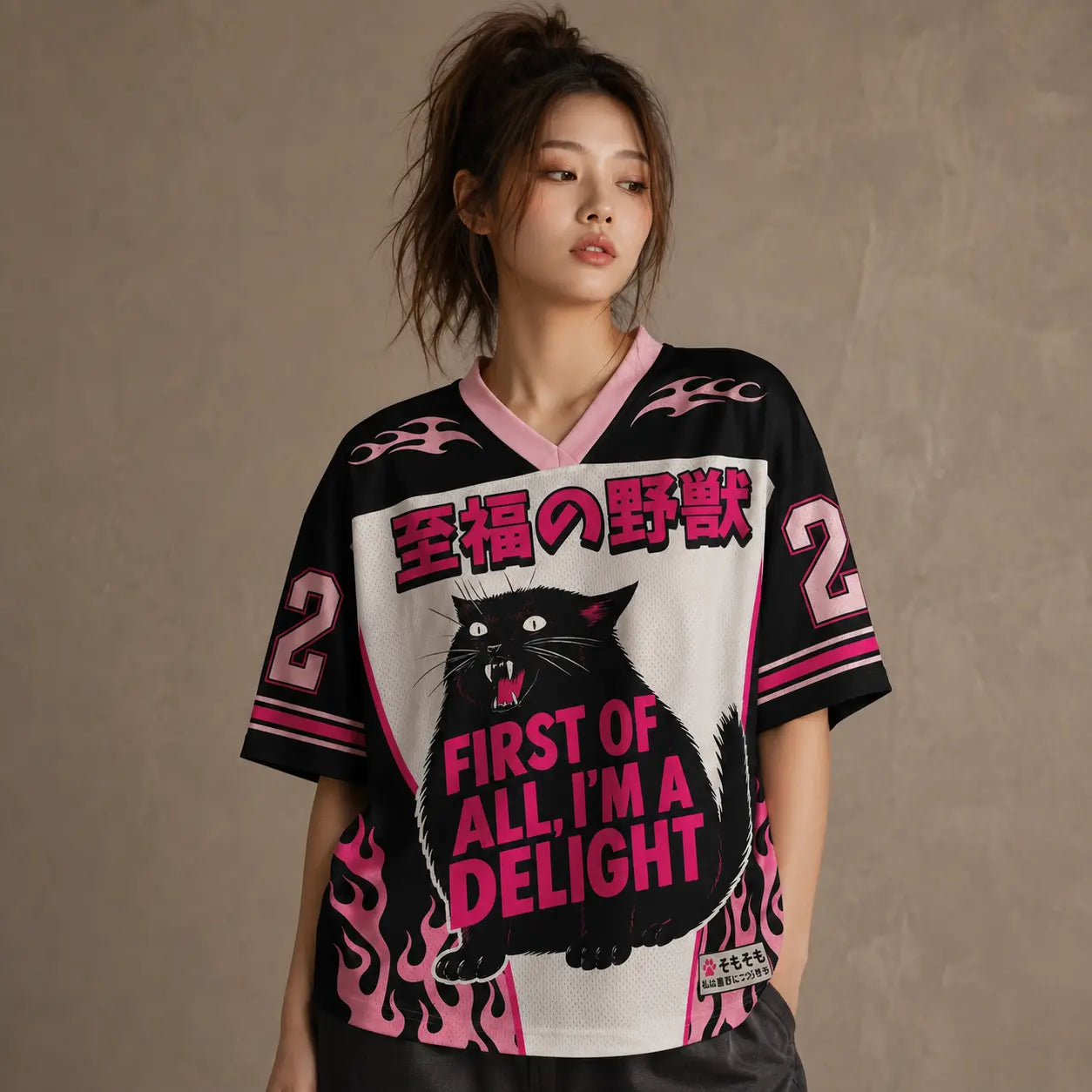 Japanese Cat Football Shirt Black Pink Flame Delight Chaosbornwear
