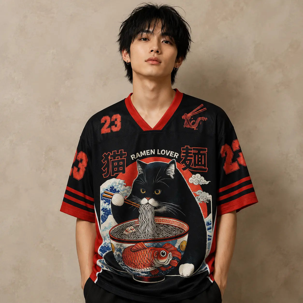 Japanese Cat Football Shirt Black Red Ramen Lover Neko 23 Chaosbornwear