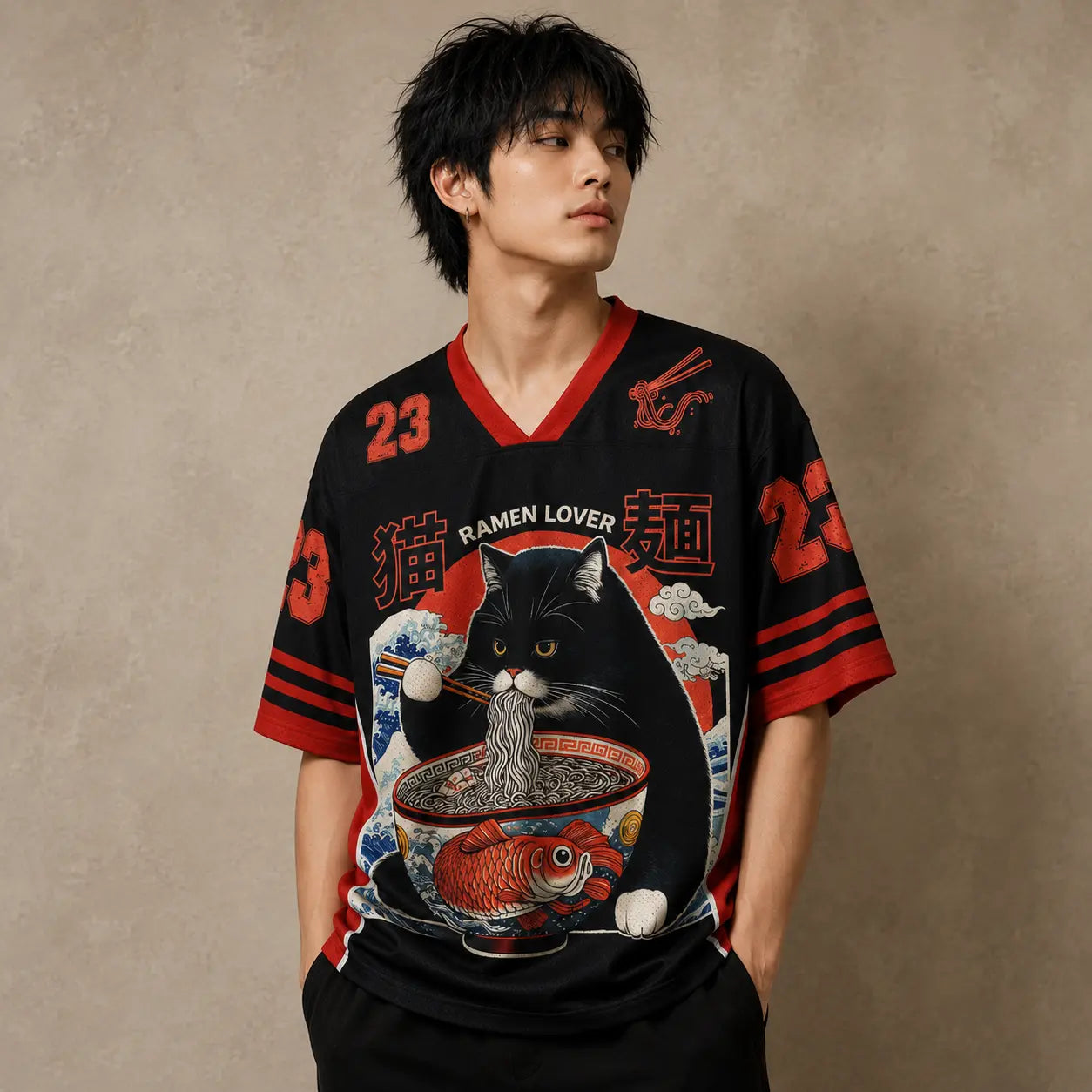 Japanese Cat Football Shirt Black Red Ramen Lover Neko 23 Chaosbornwear