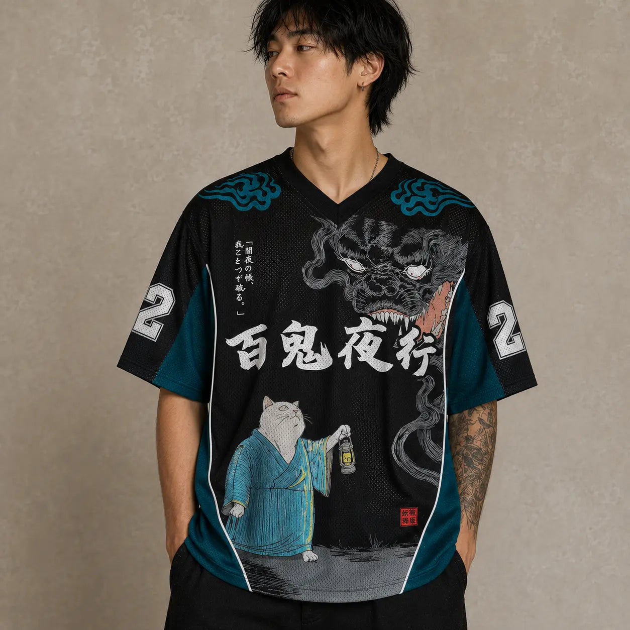Japanese Cat Football Shirt Black Teal Demon Night Chaosbornwear