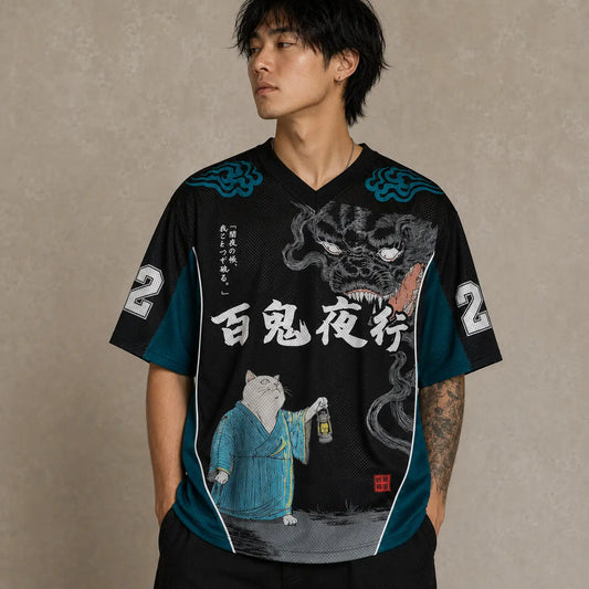 Japanese Cat Football Shirt Black Teal Demon Night Chaosbornwear