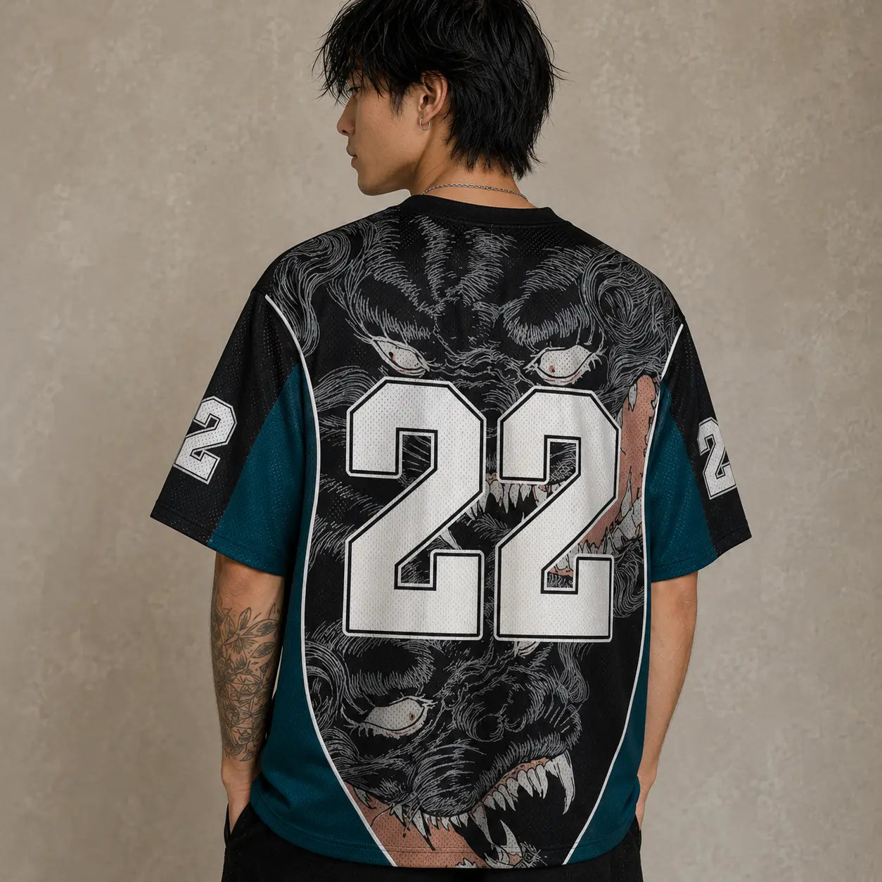 Japanese Cat Football Shirt Black Teal Demon Night Chaosbornwear