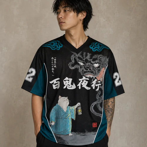 Japanese Cat Football Shirt Black Teal Demon Night Chaosbornwear