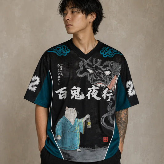 Japanese Cat Football Shirt Black Teal Demon Night Chaosbornwear