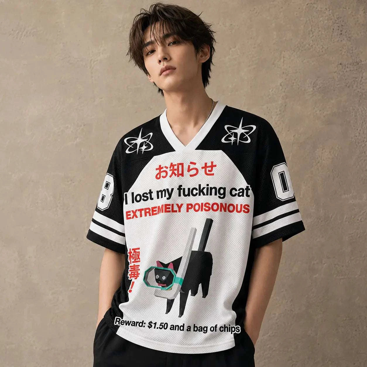 Japanese Cat Football Shirt Black White Lost Cat Poisonous 08 Chaosbornwear