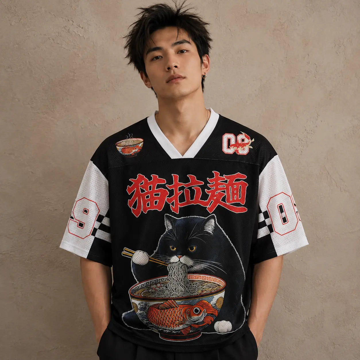 Japanese Cat Football Shirt Black White Neko Ramen Koi 09 Chaosbornwear