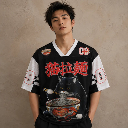 Japanese Cat Football Shirt Black White Neko Ramen Koi 09 Chaosbornwear