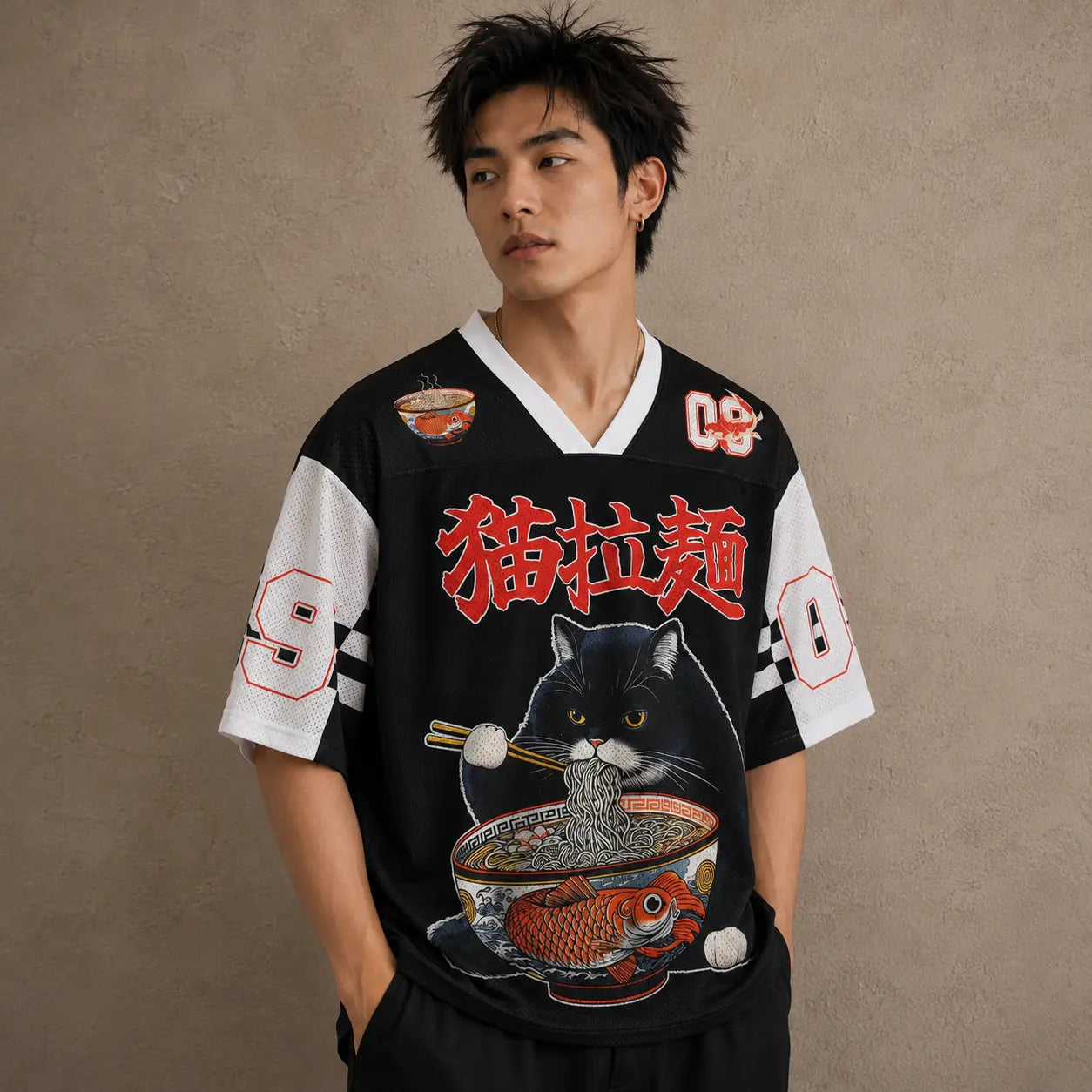 Japanese Cat Football Shirt Black White Neko Ramen Koi 09 Chaosbornwear
