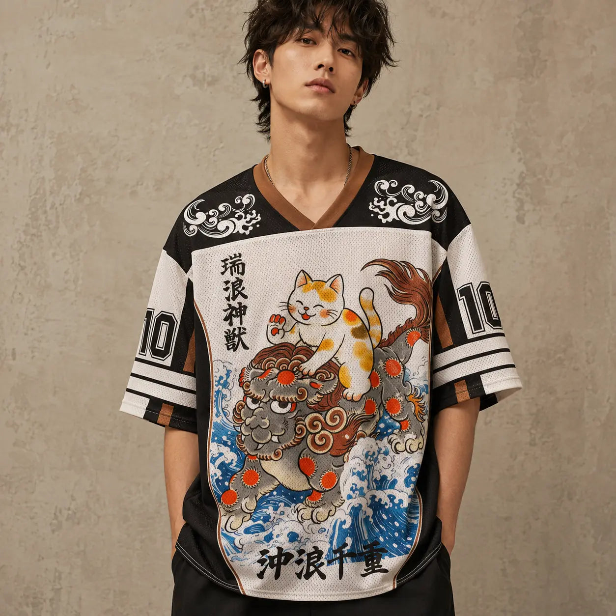 Japanese Cat Football Shirt Black White Wave Rider Neko 10 Chaosbornwear