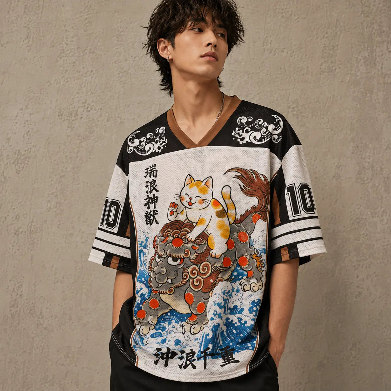 Japanese Cat Football Shirt Black White Wave Rider Neko 10 Chaosbornwear