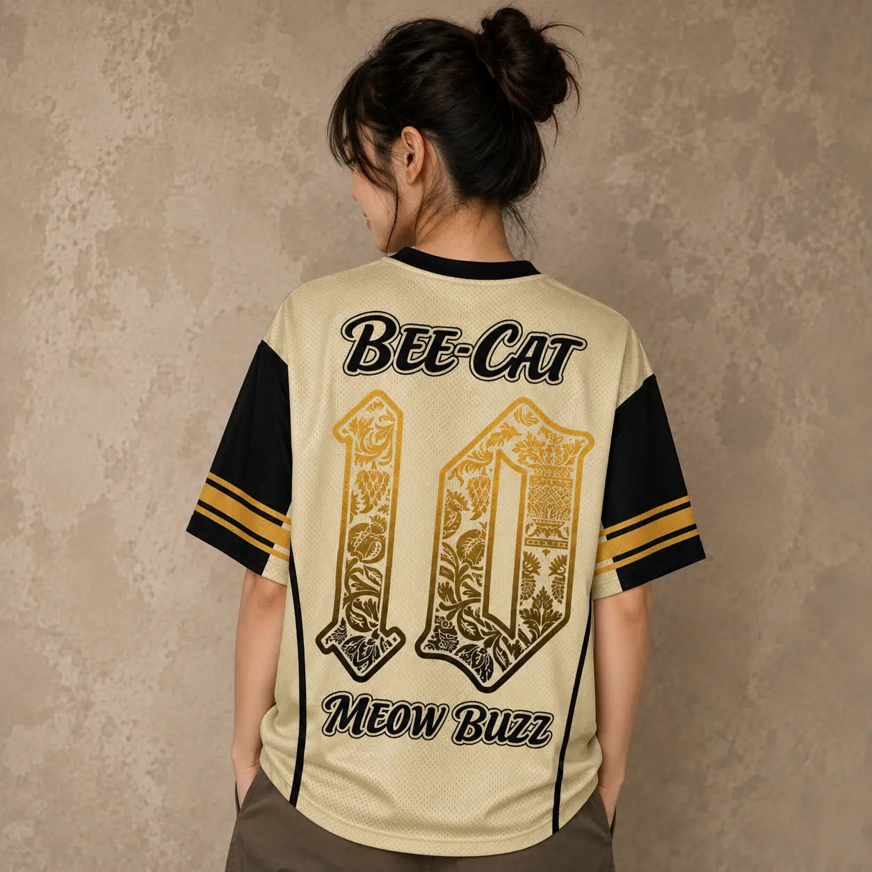 Japanese Cat Football Shirt Cream Black Bee Cat Meow Buzz 10 Chaosbornwear