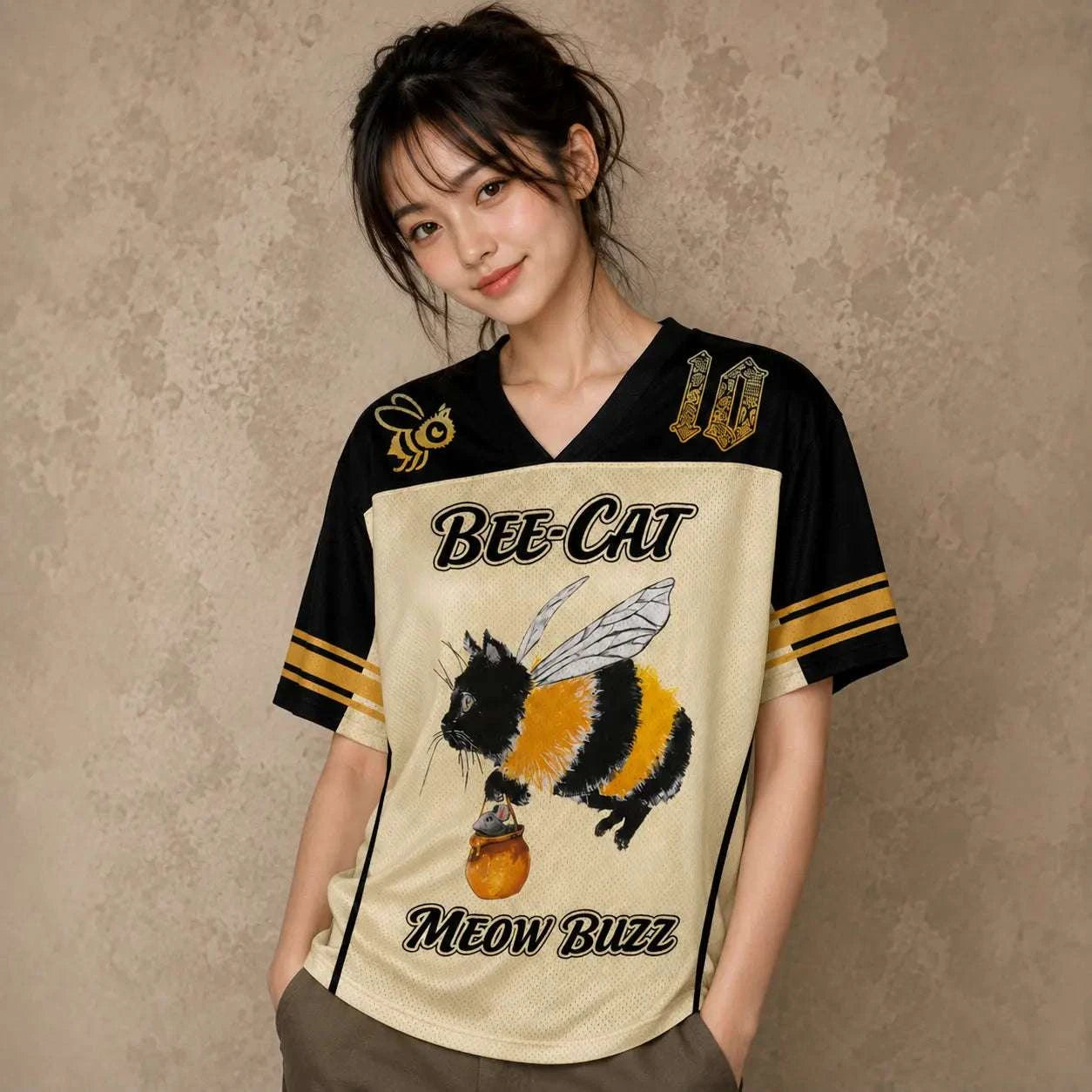 Japanese Cat Football Shirt Cream Black Bee Cat Meow Buzz 10 Chaosbornwear