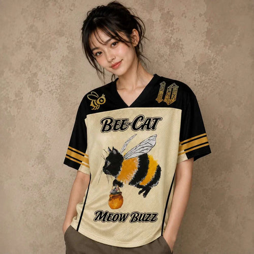 Japanese Cat Football Shirt Cream Black Bee Cat Meow Buzz 10 Chaosbornwear
