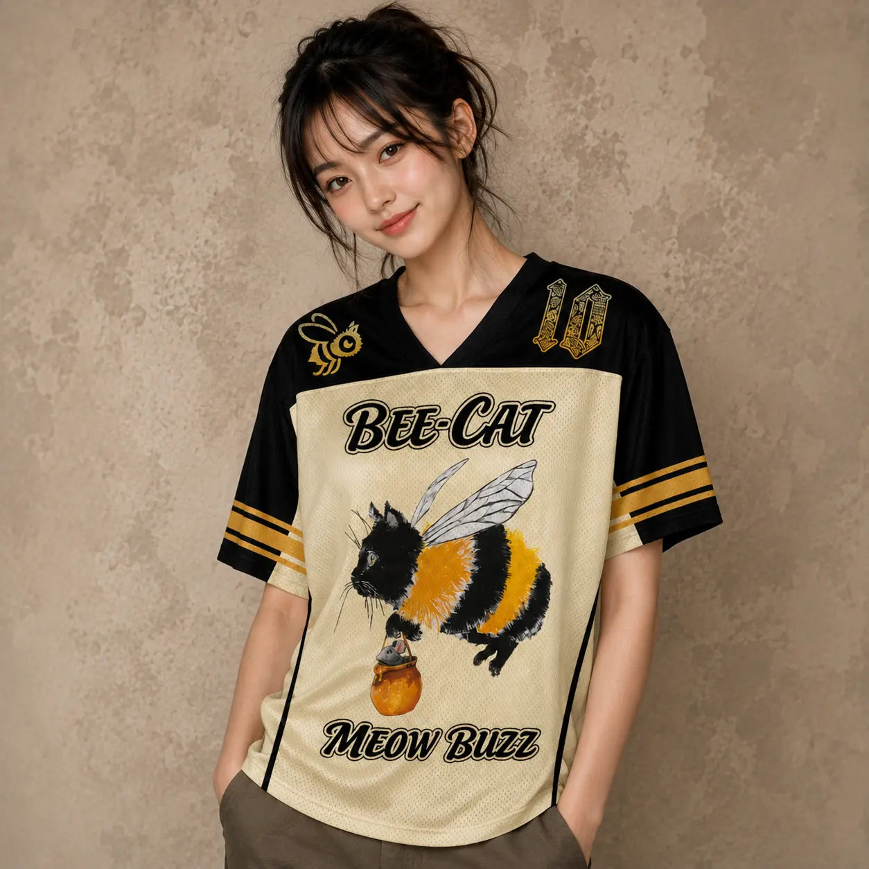 Japanese Cat Football Shirt Cream Black Bee Cat Meow Buzz 10 Chaosbornwear