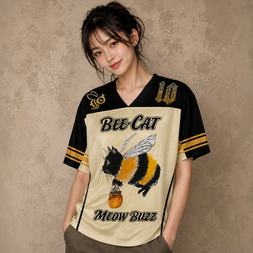 Japanese Cat Football Shirt Cream Black Bee Cat Meow Buzz 10 Chaosbornwear