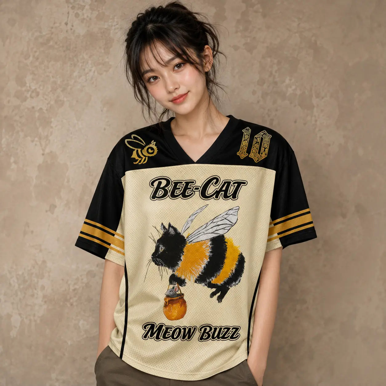 Japanese Cat Football Shirt Cream Black Bee Cat Meow Buzz 10 Chaosbornwear