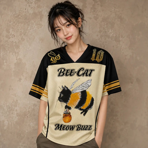 Japanese Cat Football Shirt Cream Black Bee Cat Meow Buzz 10 Chaosbornwear