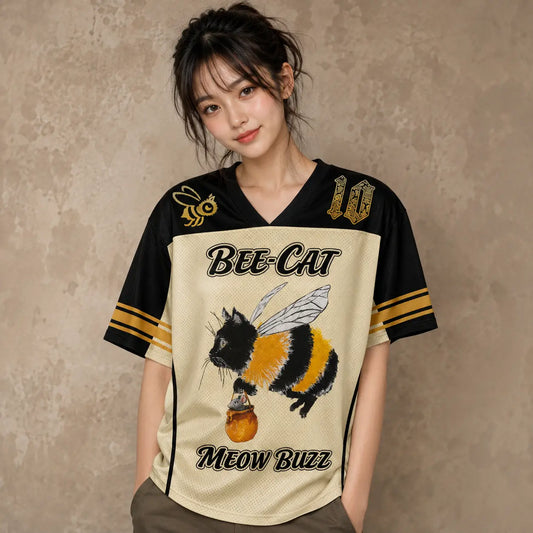 Japanese Cat Football Shirt Cream Black Bee Cat Meow Buzz 10 Chaosbornwear