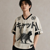 Japanese Cat Football Shirt Cream Black Sketch Neko 97 Chaosbornwear