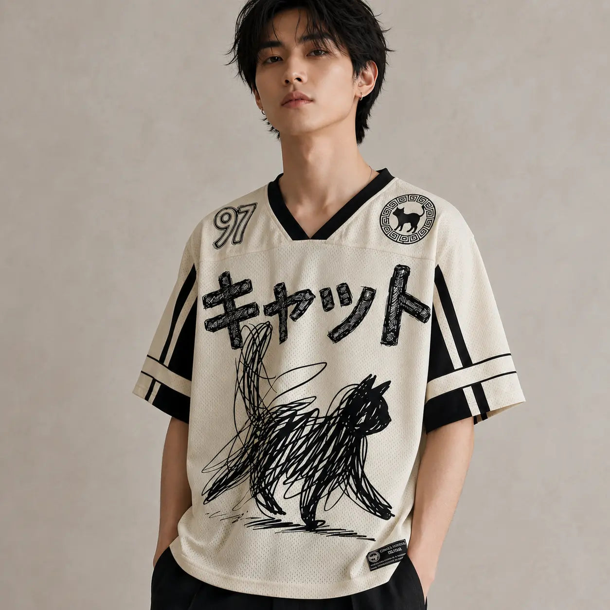 Japanese Cat Football Shirt Cream Black Sketch Neko 97 Chaosbornwear
