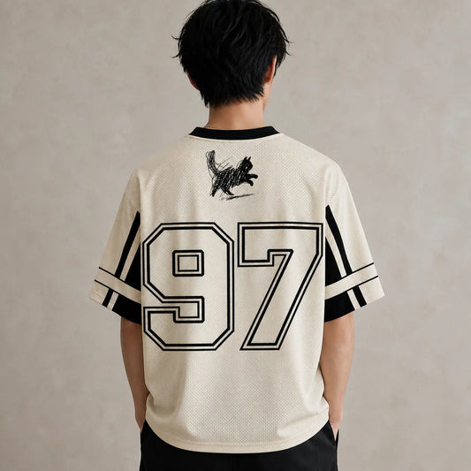 Japanese Cat Football Shirt Cream Black Sketch Neko 97 Chaosbornwear