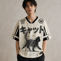 Japanese Cat Football Shirt Cream Black Sketch Neko 97 Chaosbornwear
