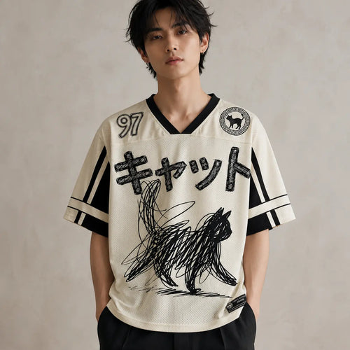 Japanese Cat Football Shirt Cream Black Sketch Neko 97 Chaosbornwear