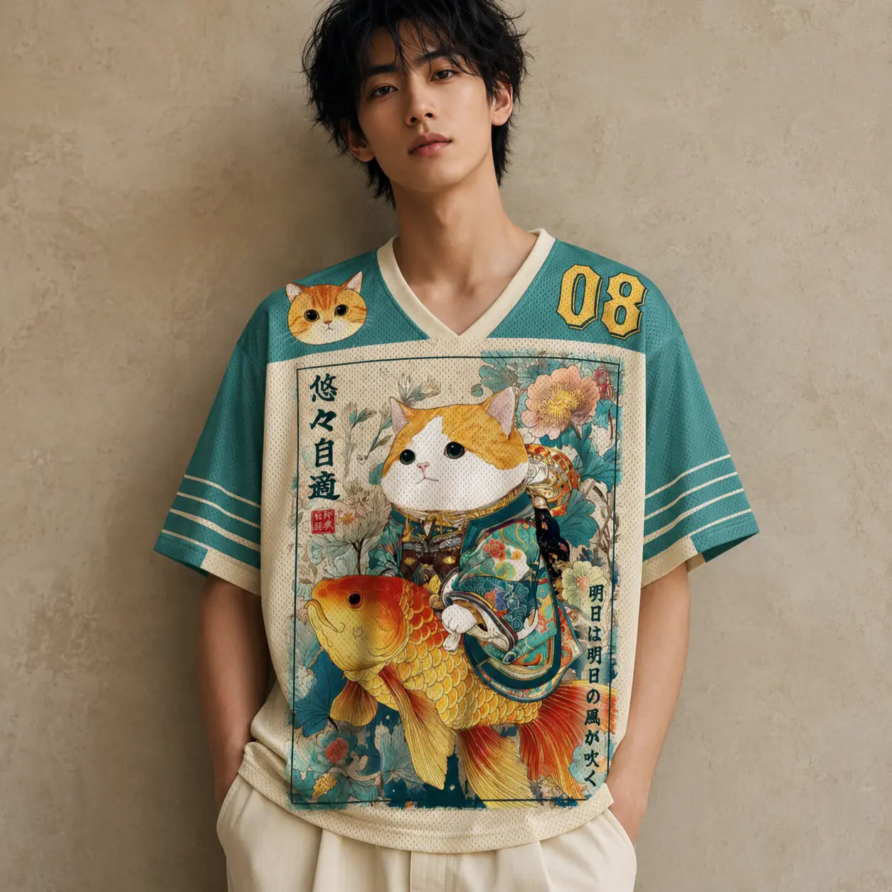 Japanese Cat Football Shirt Cream Teal Koi Samurai Chaosbornwear