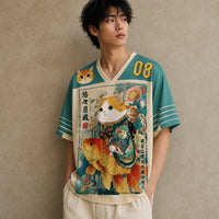 Japanese Cat Football Shirt Cream Teal Koi Samurai Chaosbornwear