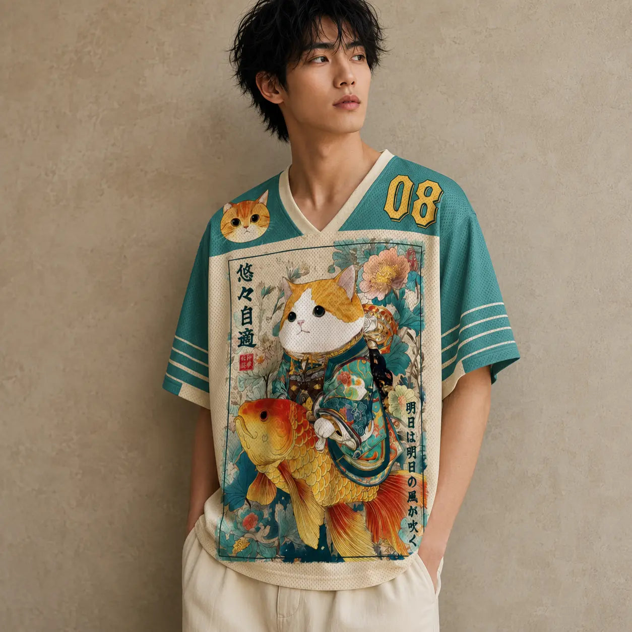 Japanese Cat Football Shirt Cream Teal Koi Samurai Chaosbornwear