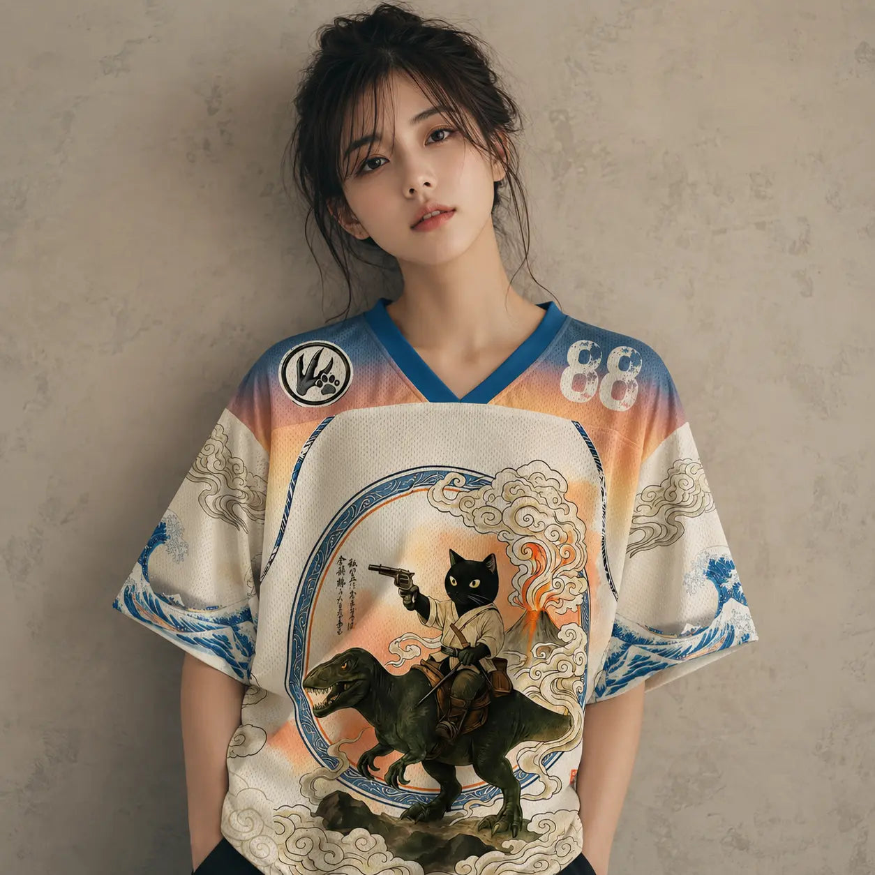 Japanese Cat Football Shirt Dinosaur Graphic Jersey 88 Chaosbornwear
