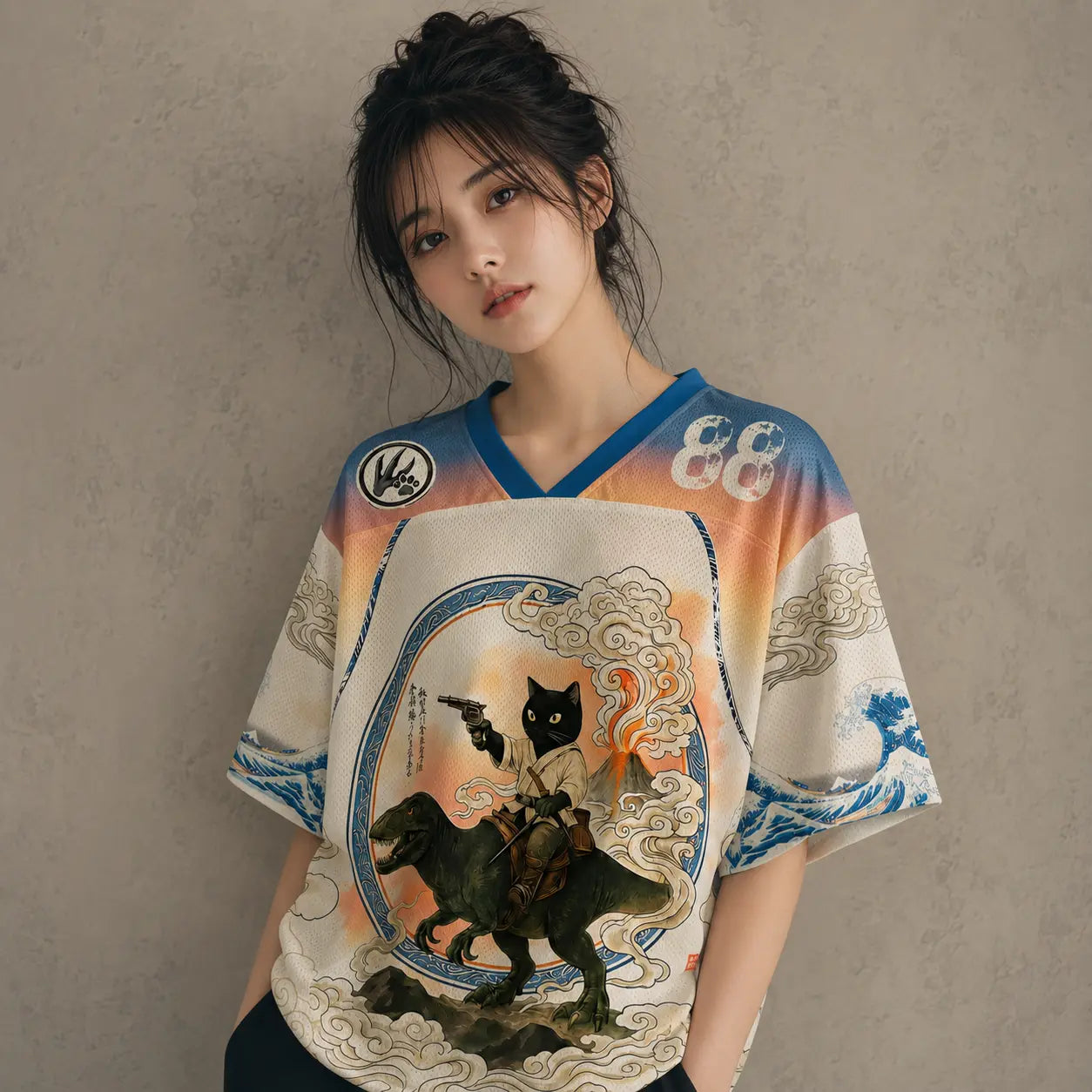 Japanese Cat Football Shirt Dinosaur Graphic Jersey 88 Chaosbornwear