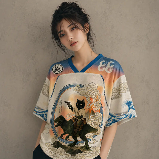 Japanese Cat Football Shirt Dinosaur Graphic Jersey 88 Chaosbornwear