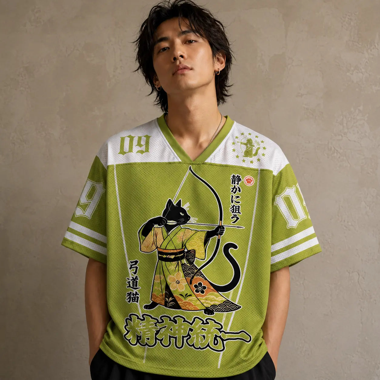 Japanese Cat Football Shirt Olive Green Kyudo Archery Chaosbornwear