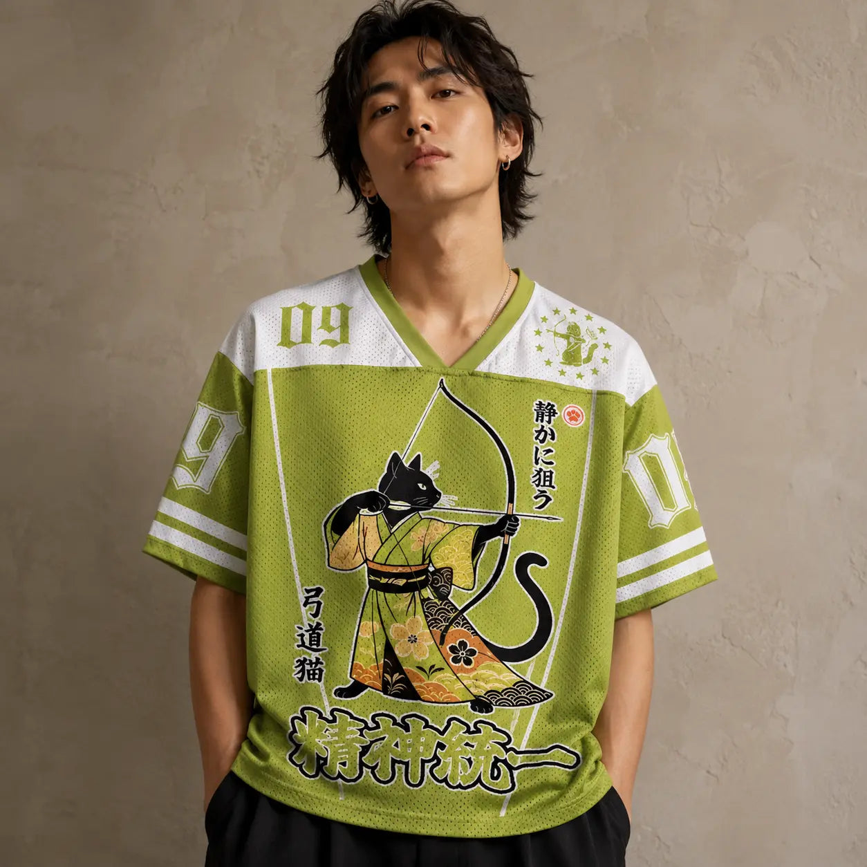 Japanese Cat Football Shirt Olive Green Kyudo Archery Chaosbornwear