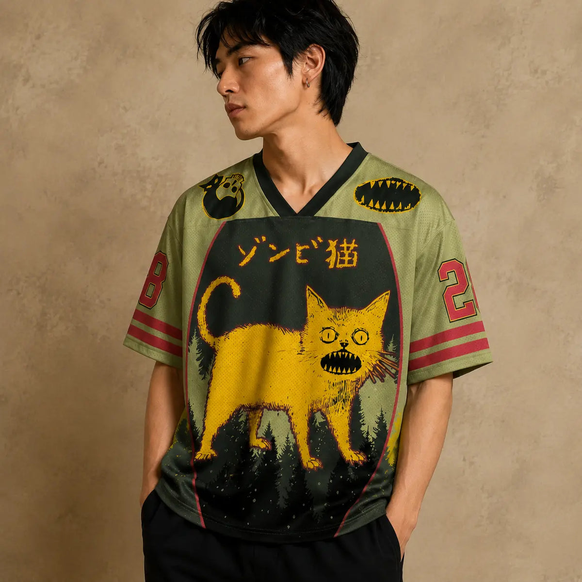Japanese Cat Football Shirt Olive Green Zombie Neko Forest 28 Chaosbornwear