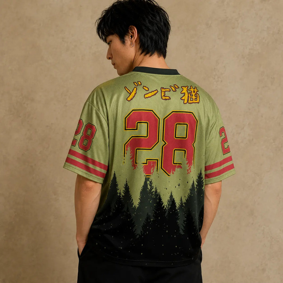 Japanese Cat Football Shirt Olive Green Zombie Neko Forest 28 Chaosbornwear
